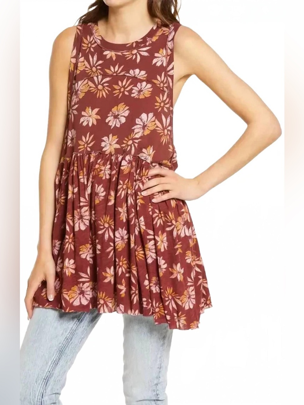 Free People Madison Floral Tank Top Tunic Dress Large NWT Rust Boho Cotton
